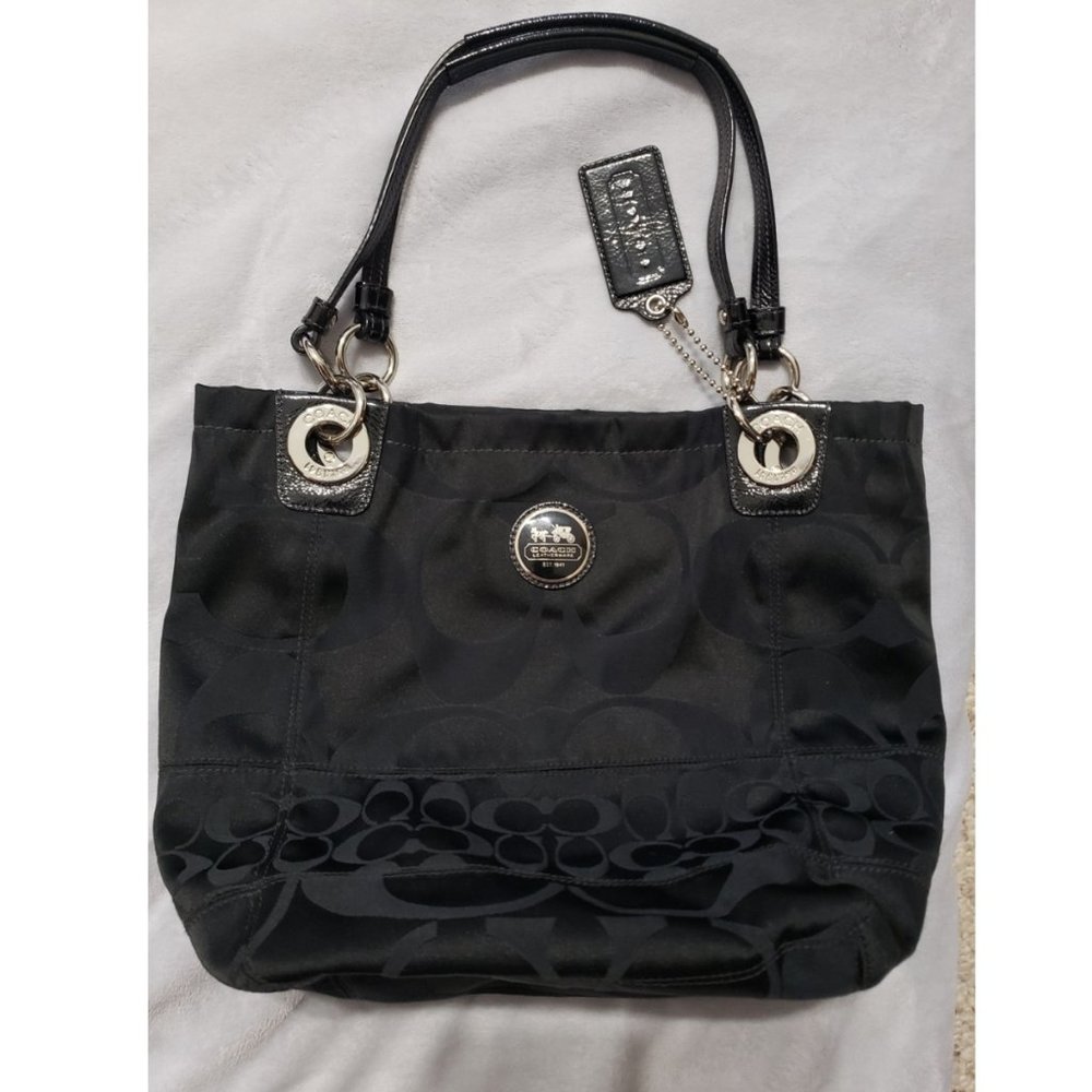 Coach Black Monogram Alex Sateen Tote Two-Strap Brilliant Nickle Hardware